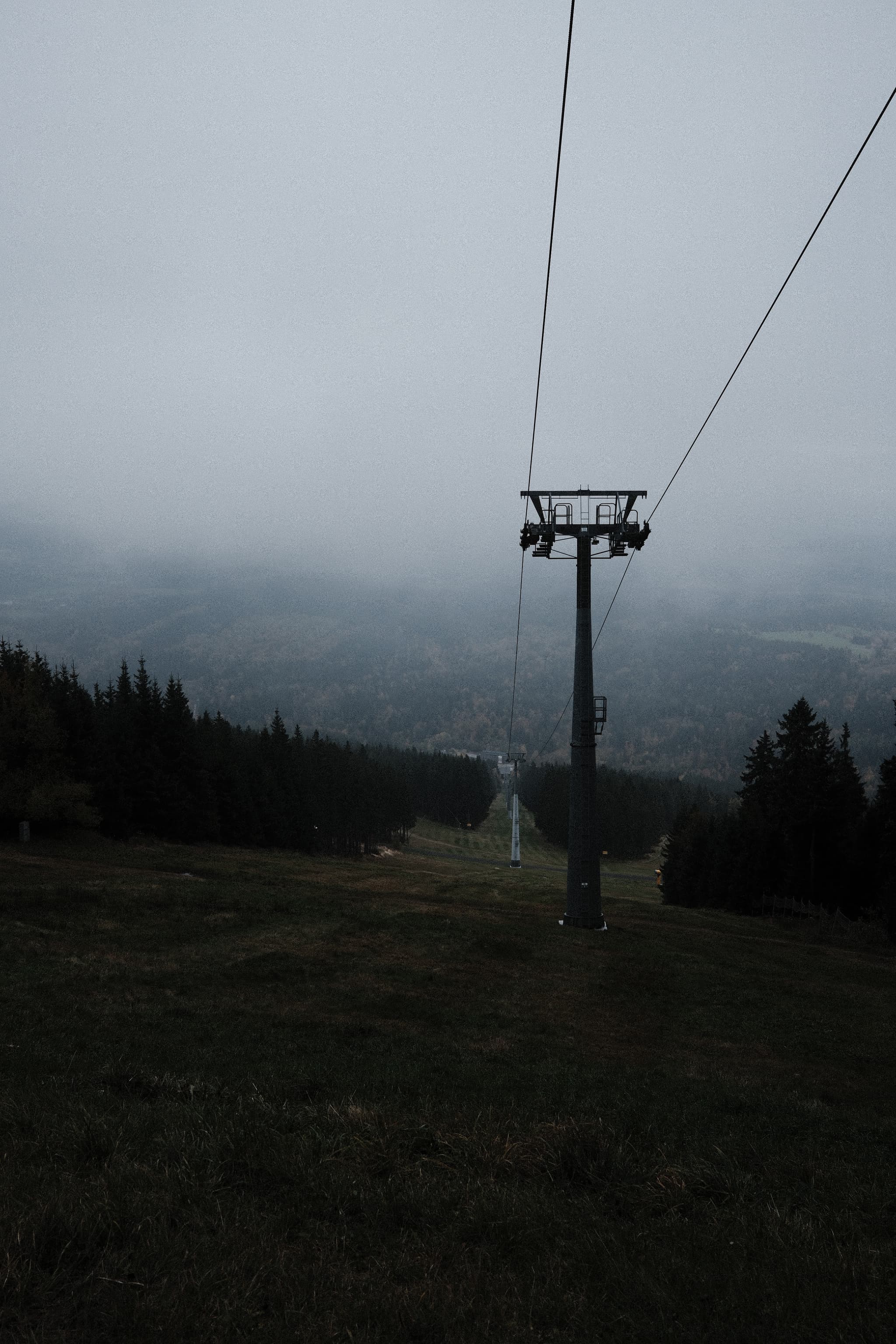 Foggy landscape with a single ski lift sliding down a hillside amidst evergreen trees