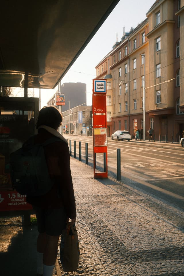 A person with a backpack stands at a bus stop on a sunlit street, with buildings and a red bus stop sign in the background