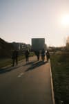 A group of people walking on a paved path with long shadows cast by the setting sun, surrounded by grassy areas and buildings in the background