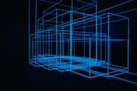 A series of glowing blue wireframe geometric shapes arranged in a three-dimensional space against a dark background